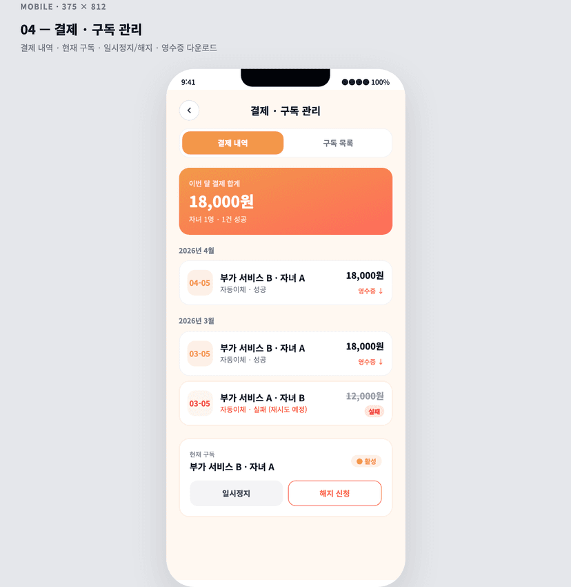 어린이집 학부모용 부가 서비스 구독 · 자동이체 CRM MVP - 결제 · 구독 관리