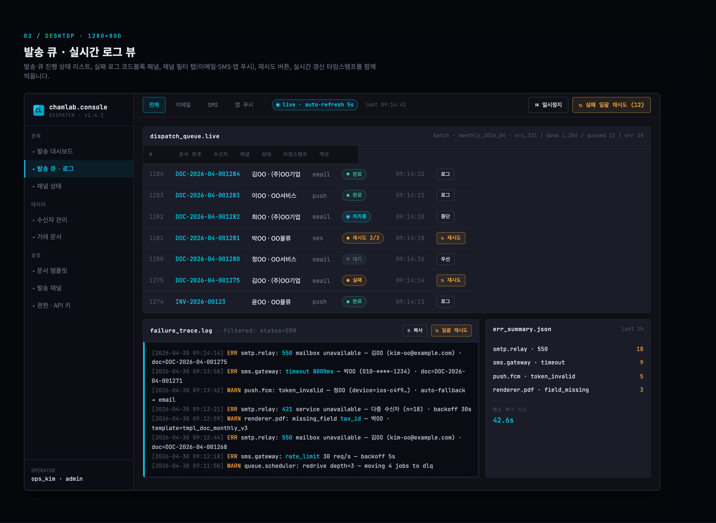 B2B 거래 문서 다채널 발송 운영 콘솔 - 발송 큐 · 실시간 로그 뷰